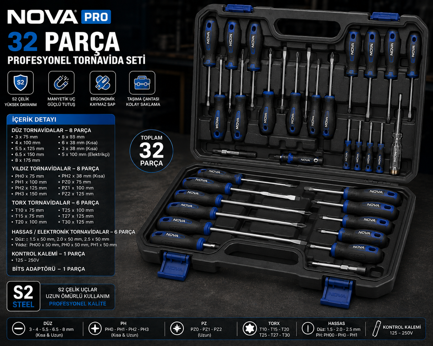 Nova 32 Parça Profesyonel Tornavida Seti