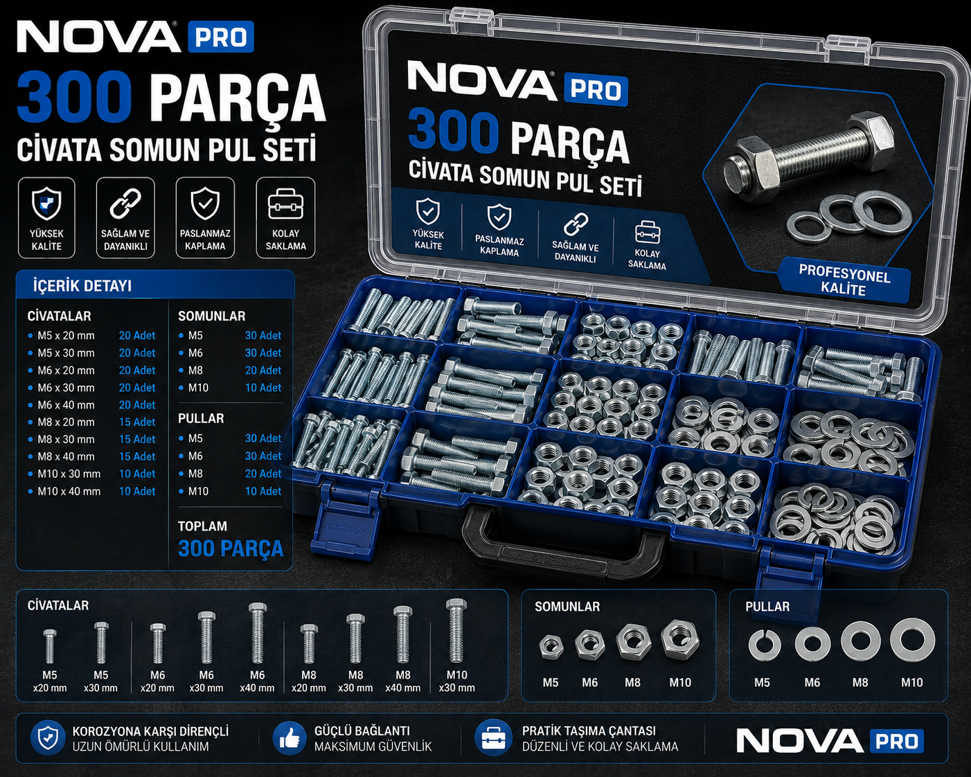 Nova 300 Parça Civata Somun Pul Seti
