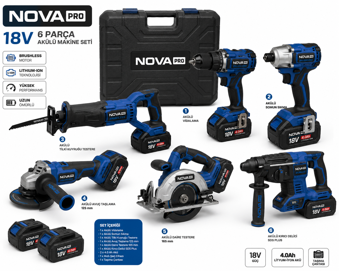 Nova Pro 18V 6 Parça Akülü Makine Seti
