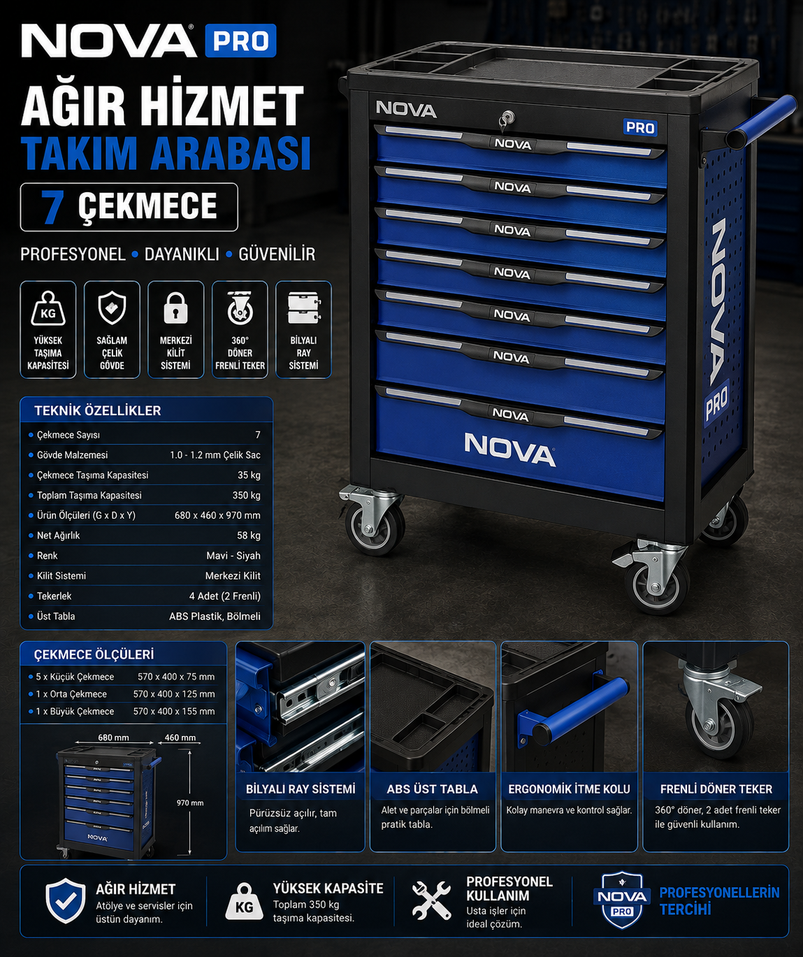 Nova Ağır Hizmet Takım Arabası 7 Çekmece